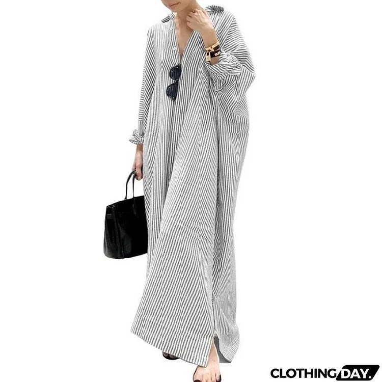 Women Fashion Casual Loose Stripe Cardigan Long Sleeve Maxi Dress