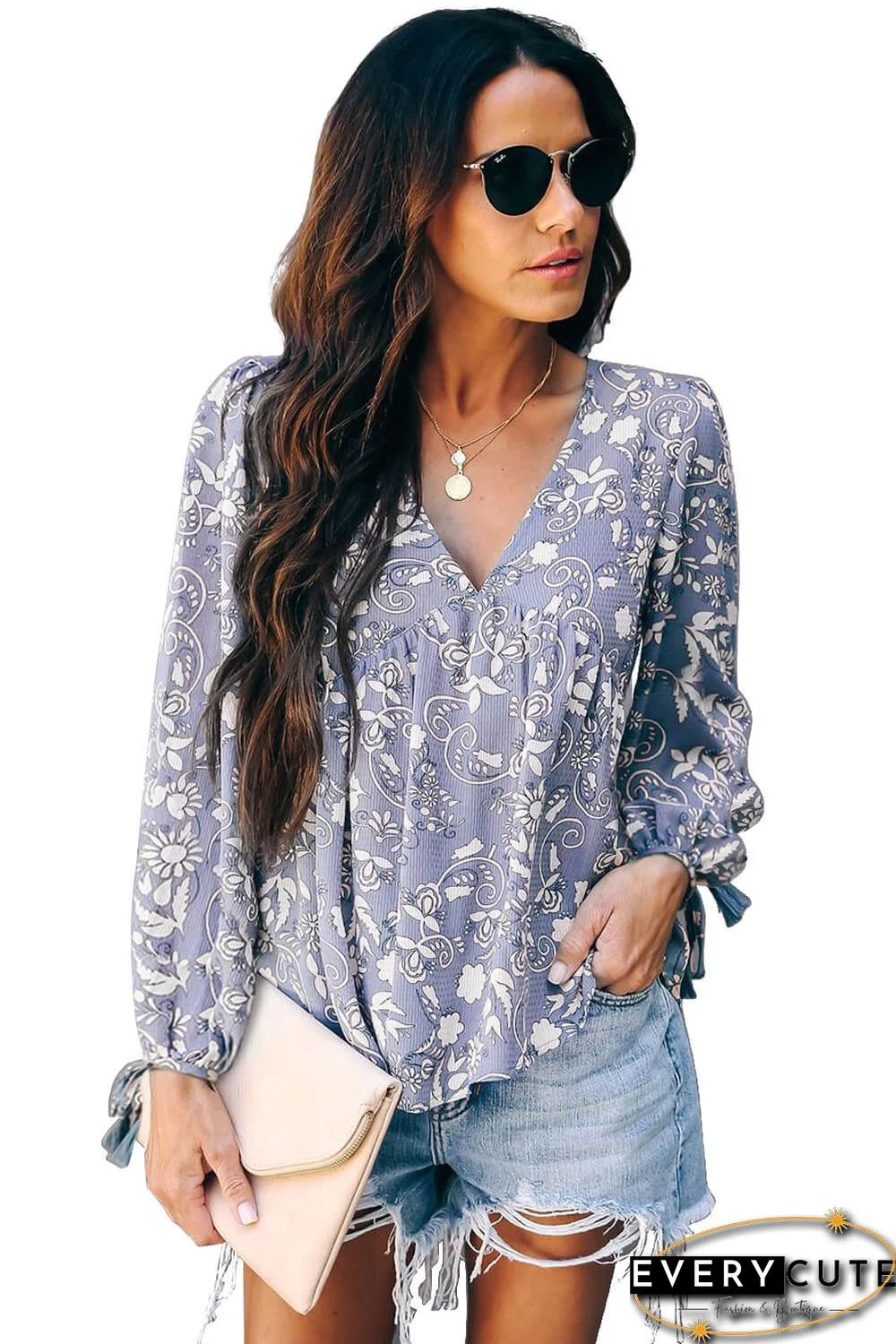 Gray Tassel Tie Blouse