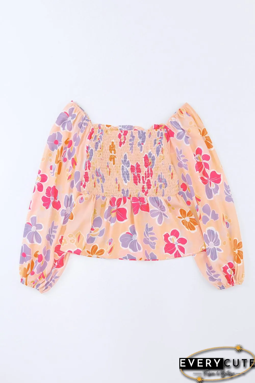 Pink Floral Print Smocked Long Sleeve Peplum Blouse