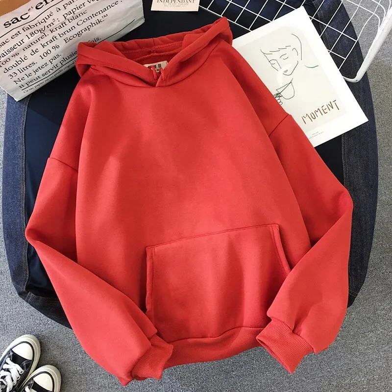 Women Harajuku Solid Hoodies Casual Warm Hooded Women Sweatshirt Winter Long Sleeve Plus Velvet Oversized Hoodies Streetwear