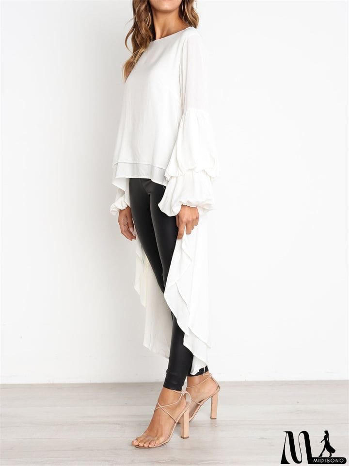 MidiSono - Ladies Leisure Chiffon Lantern Sleeve Irregular Hem Shirts