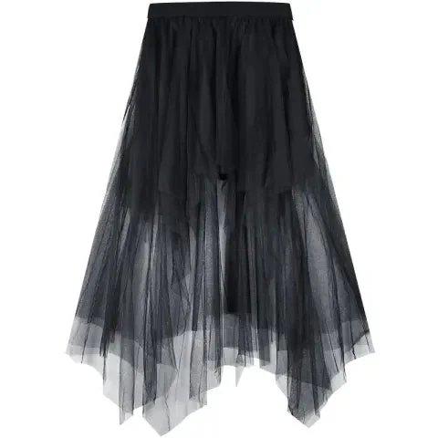 Huibahe Gothic Black Tulle Skirt Women High Waist A-line Irregular Folds Sexy Punk Style Mini Skirt Summer Streetwear Fashion