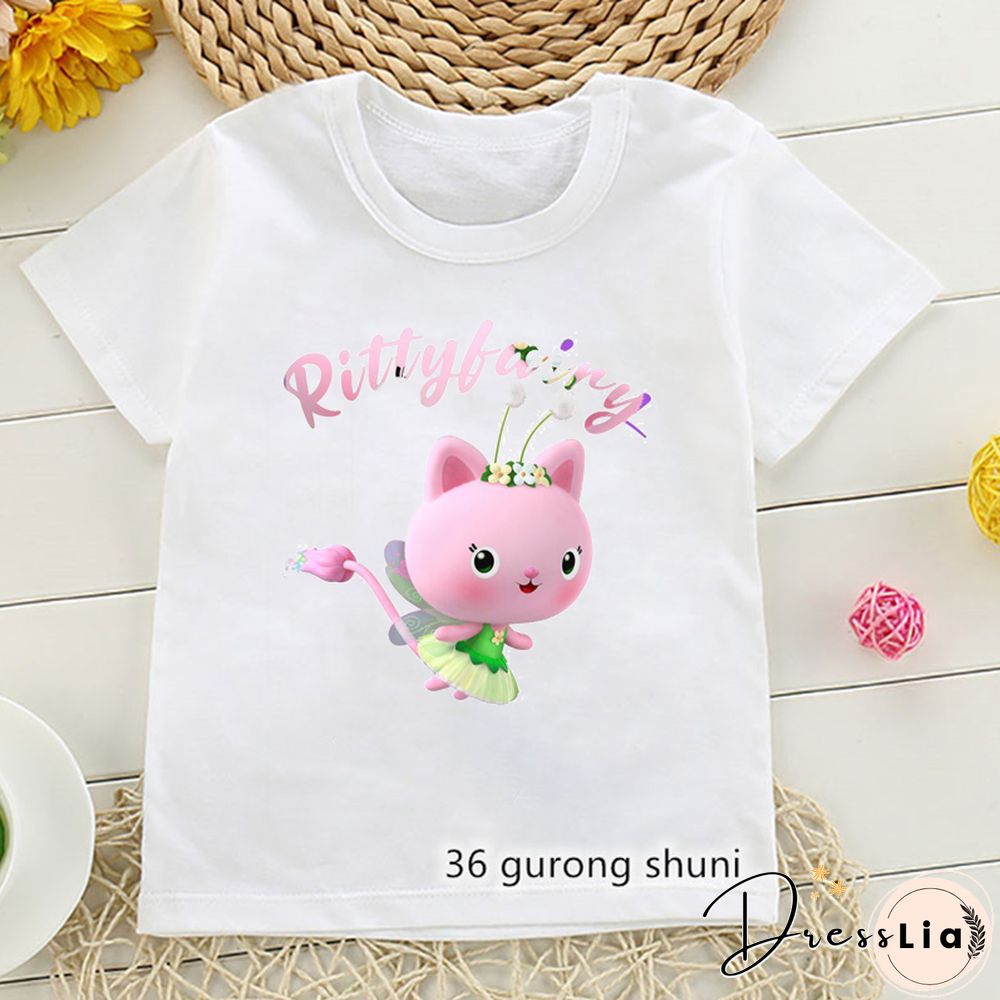 Kawaii Girls T Shirts Gabbys Doll House Cartoon Print Childrens Tshirt Summer Tee Girls Clothes White Camisole Tops