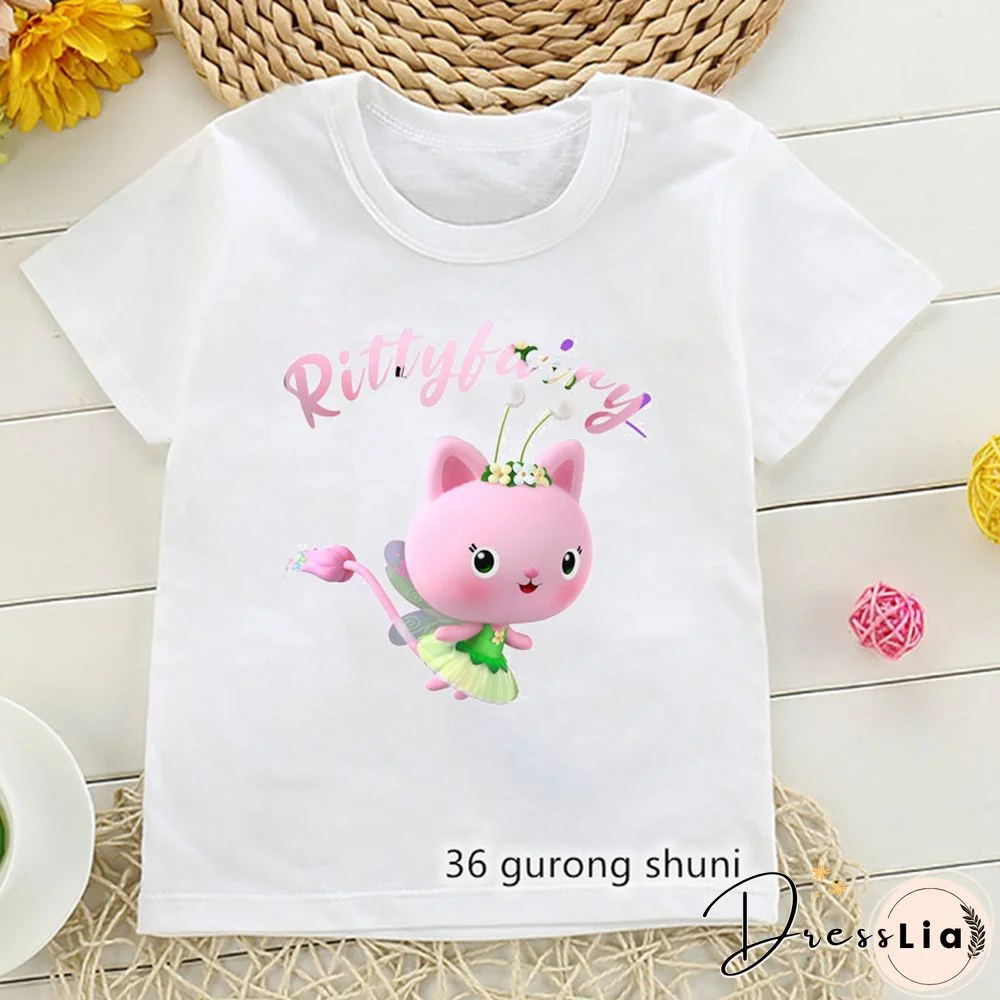 Kawaii Girls T Shirts Gabbys Doll House Cartoon Print Childrens Tshirt Summer Tee Girls Clothes White Camisole Tops