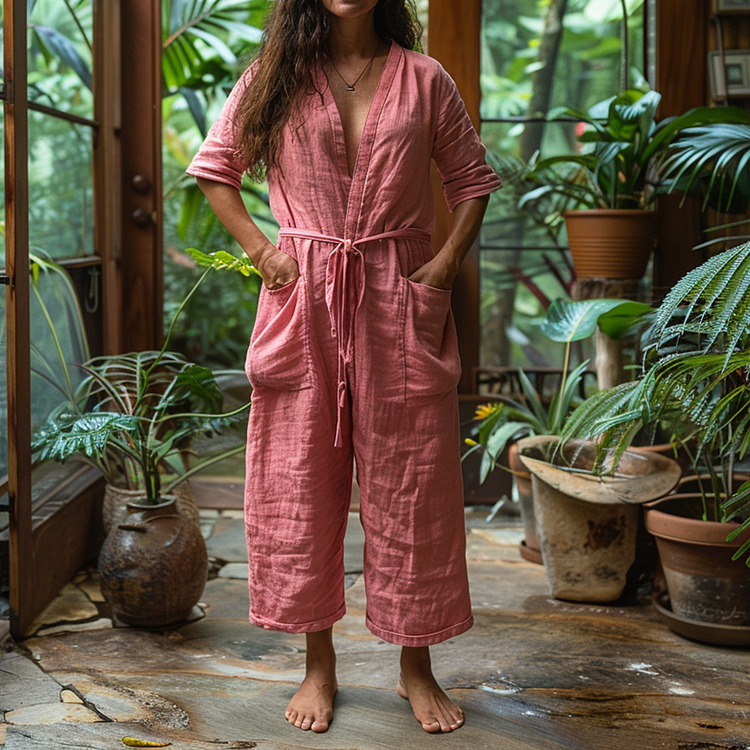 Women's Linen Retro Ethnic Style Large Silhouette Comfortable Breathable V-neck Jumpsuit Holiday Comfortable Casual Long