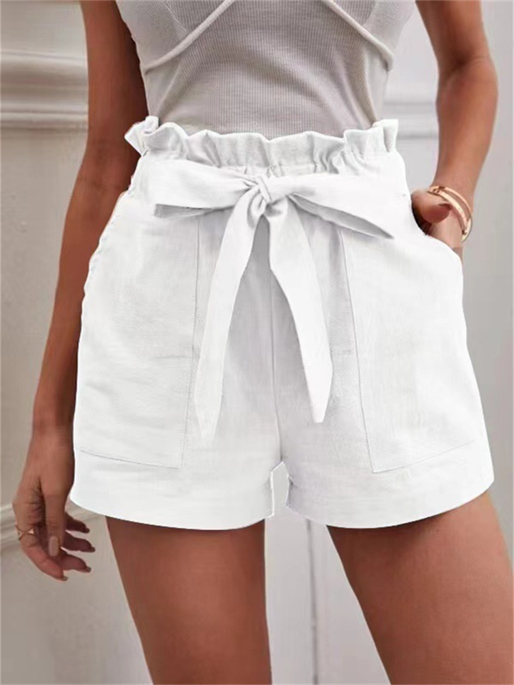 Summer Ladies Loose Linen Casual Shorts Pockets Solid Color Big Yards High Waist Wide Leg Pants