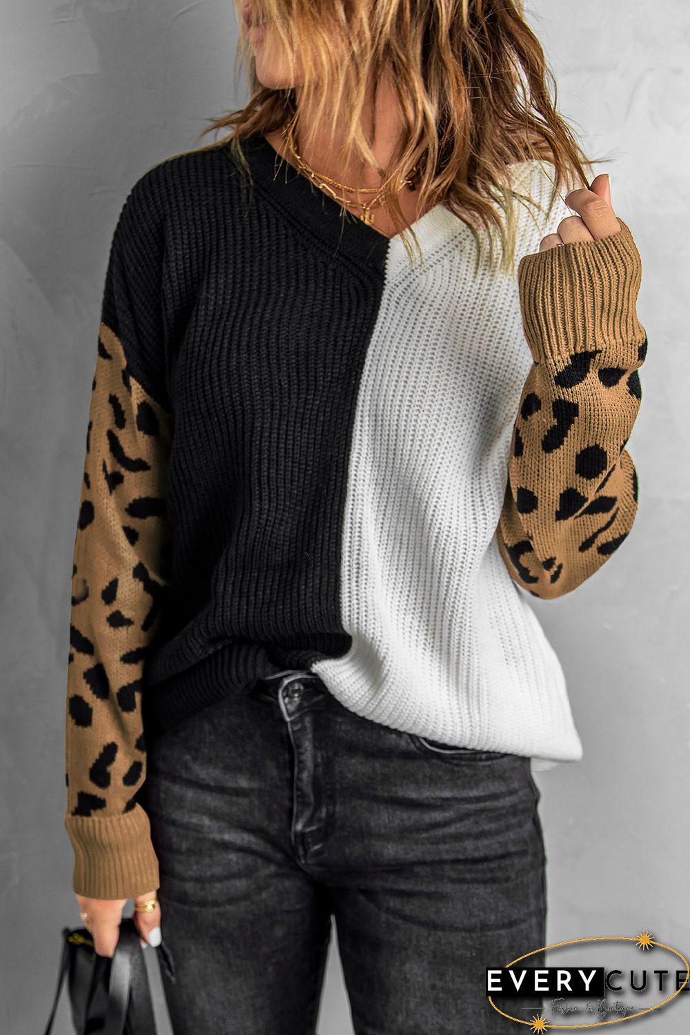 Leopard Print Contrast Color V Neck Sweater