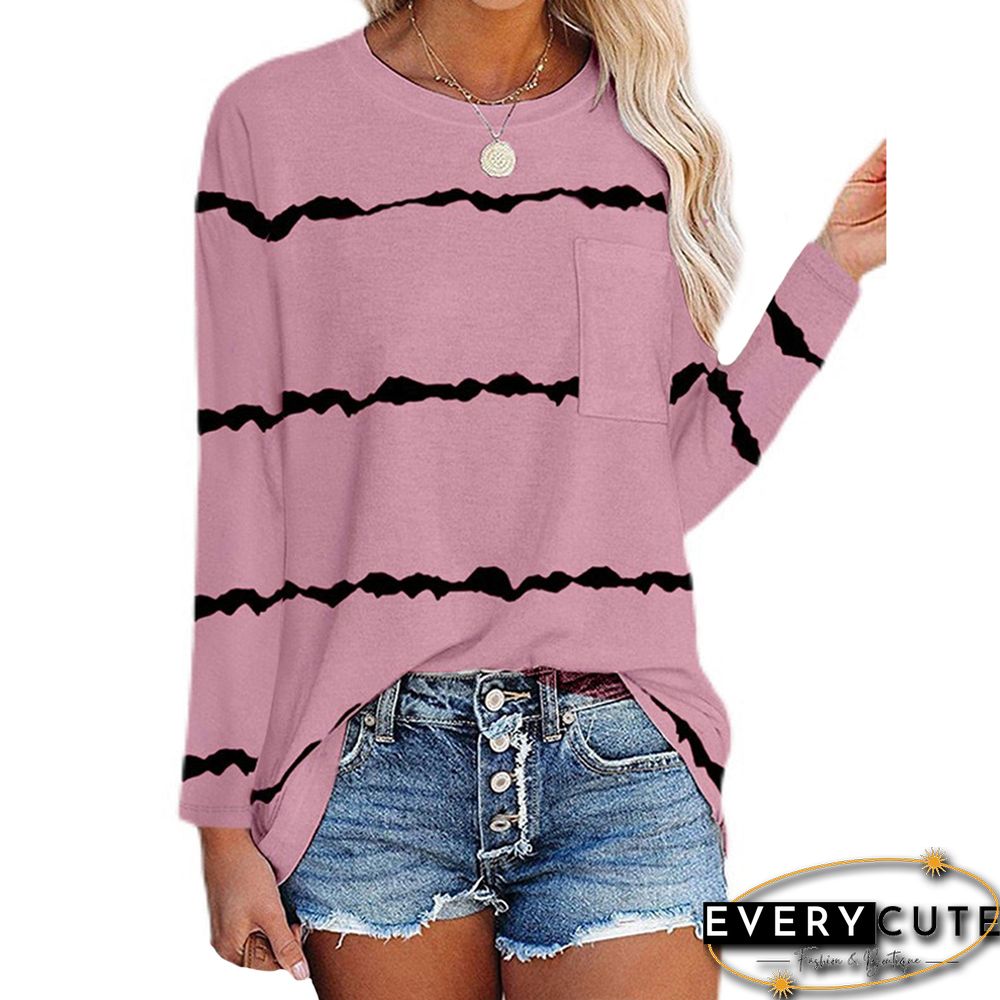 Pink Striped Print Pocket Long Sleeve Top
