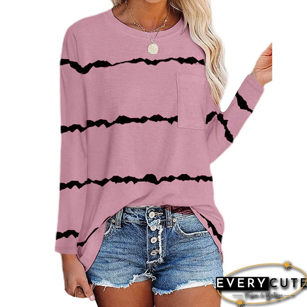 Pink Striped Print Pocket Long Sleeve Top