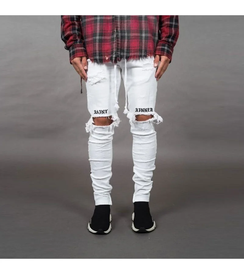 Men's White Ripped Hip-Hop Denim Jeans