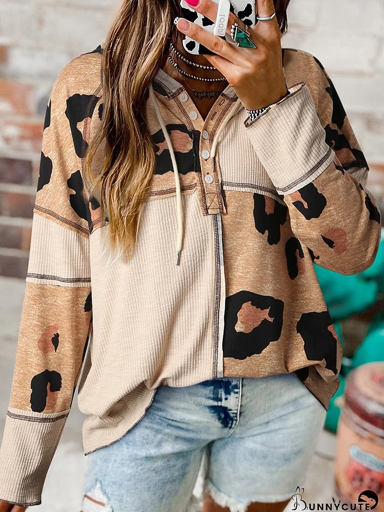 Leopard Print Detailed Patchwork Ribbed Long Sleeve Top