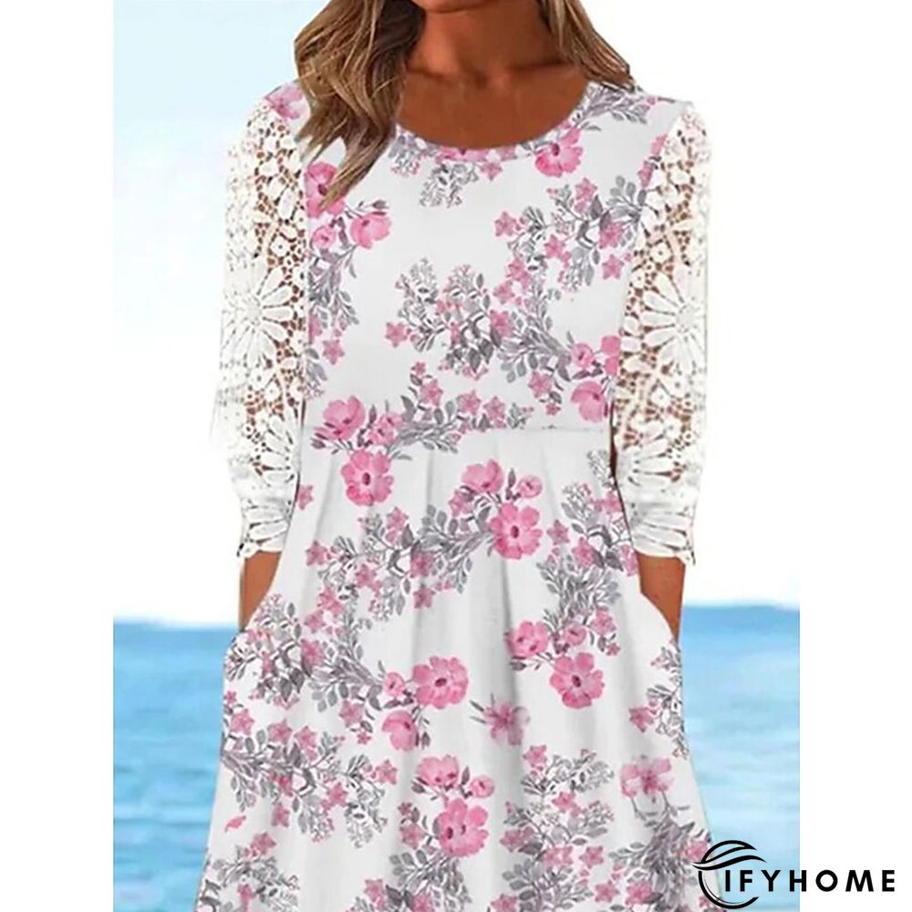 Women's Casual Dress Summer Dress Print Dress Floral Lace Print Crew Neck Midi Dress Active Fashion Daily Holiday 3/4 Length Sleeve Regular Fit White Spring Summer S M L XL XXL | IFYHOME