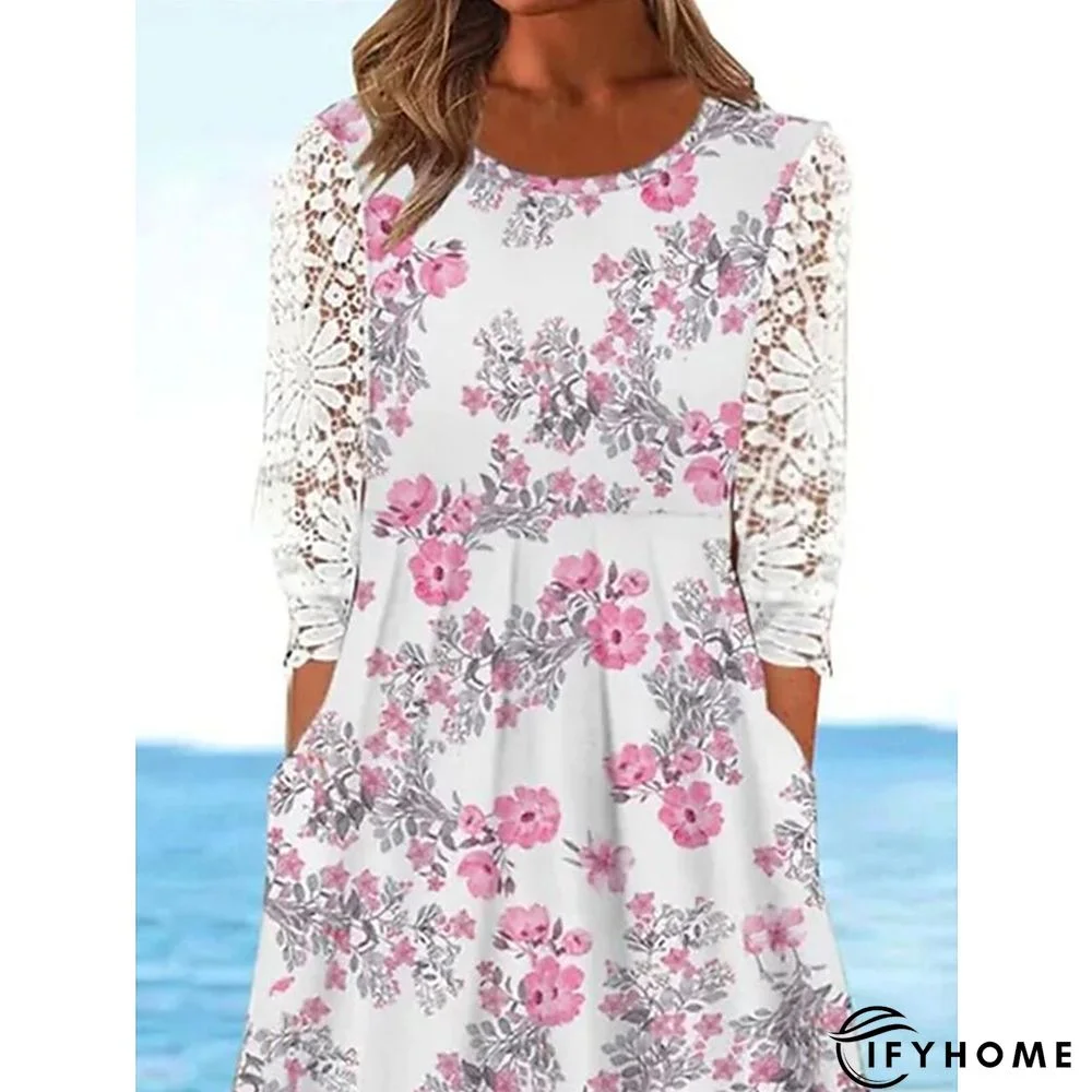 Women's Casual Dress Summer Dress Print Dress Floral Lace Print Crew Neck Midi Dress Active Fashion Daily Holiday 3/4 Length Sleeve Regular Fit White Spring Summer S M L XL XXL | IFYHOME