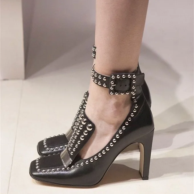 Black Studs Square Toe Ankle Strap Chunky Heel Loafers For Women |FSJ Shoes