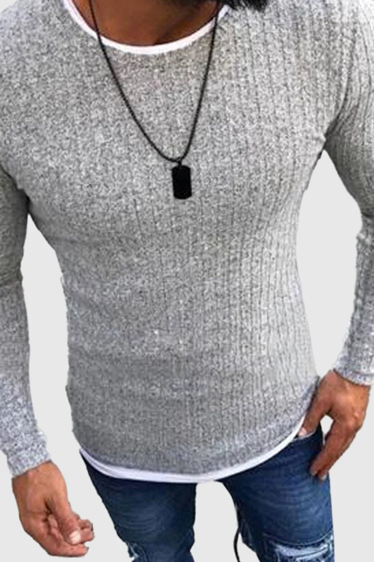 BrosWear Solid Color Fake Two-Pieces Long Sleeve Knitted T-shirt