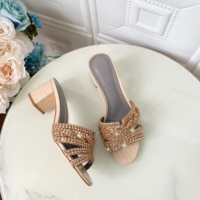 Diamond Rhinestone Shoes Woman Genuine Leather Med Hoof Heel Open Toe Slim Sandals Women