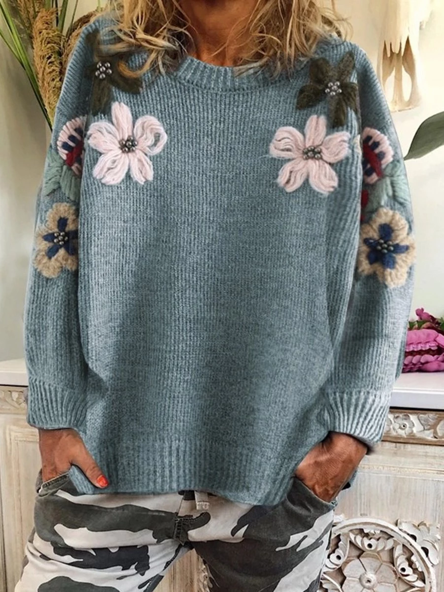 Green Casual Floral Round Neck Cotton-Blend Shirts & Tops | EGEMISS