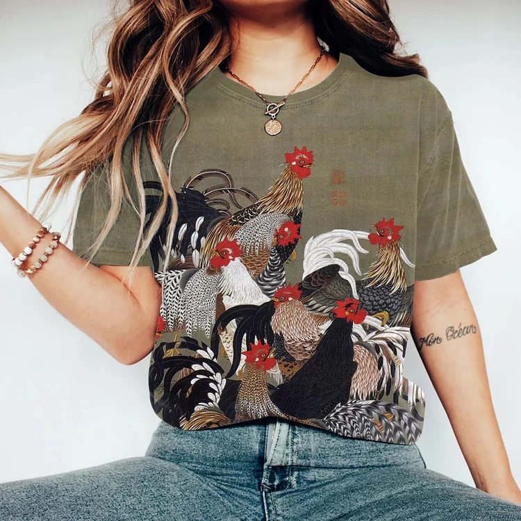 Comstylish Vintage Chicken Print Round Neck Short Sleeve T-Shirt