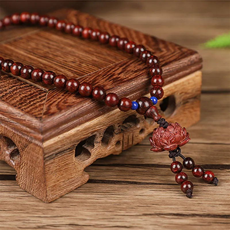 Tibetan Small Leaf Red Sandalwood Mala Lotus Blessing Necklace Bracelet