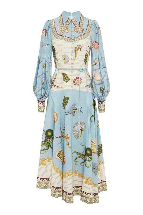 Ocean Print Lapel Button Waist Tie Resort Maxi Dress