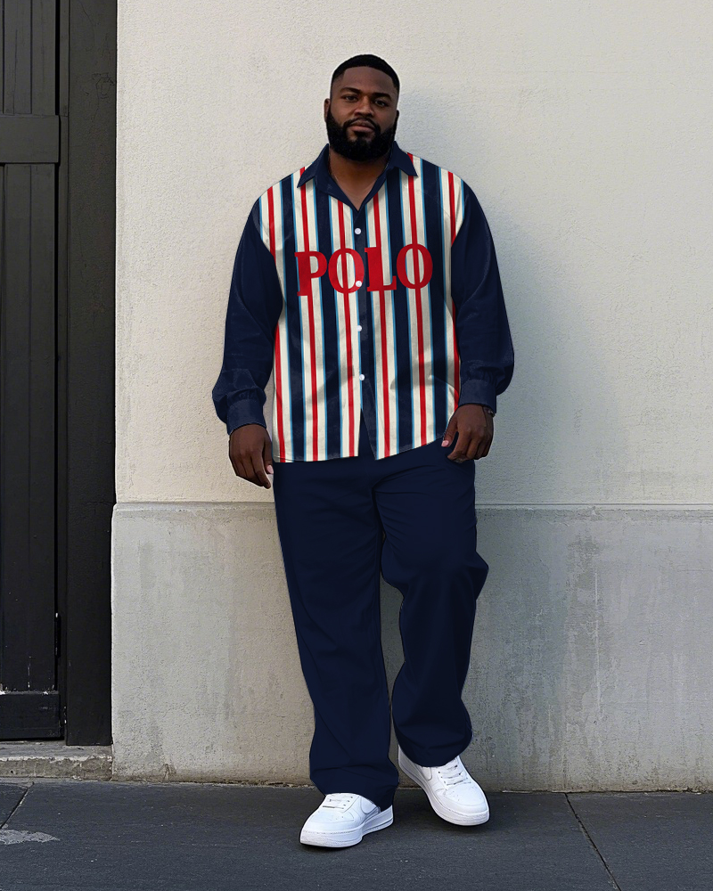 Men's Simple Regular Vertical Stripe & POLO Letter Printed Big & Tall Long Sleeve Shirt Pants Set