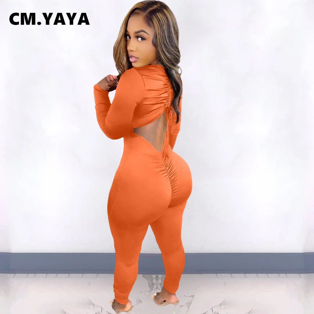 CM.YAYA Women Long Sleeve Ruched Open Back V-neck Jumpsuit Streetwear Sexy Party Solid High Waist One Piece Overall Playsuits