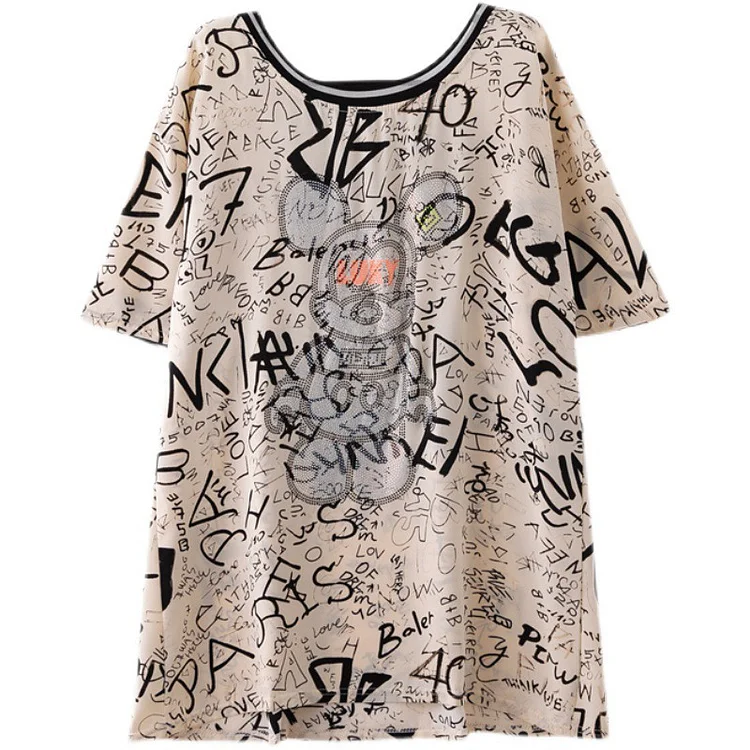 Bear Pattern Letter Print Bow Decor Loose T-Shirt - Modakawa Modakawa