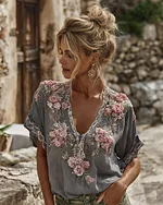 Women's Spring Floral Embroidered Art Print Flowy Linen Blend Short Sleeve Casual Tops - Image 7