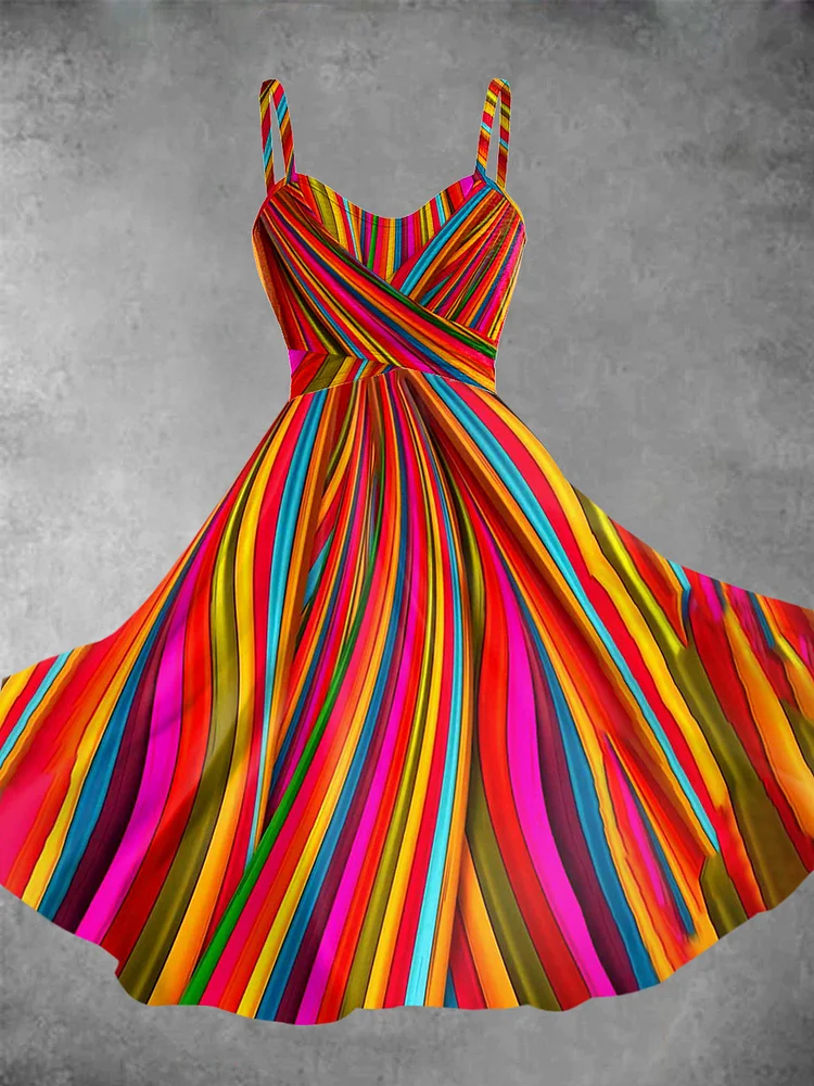 Women's Retro Rainbow Stripe Print Dress
