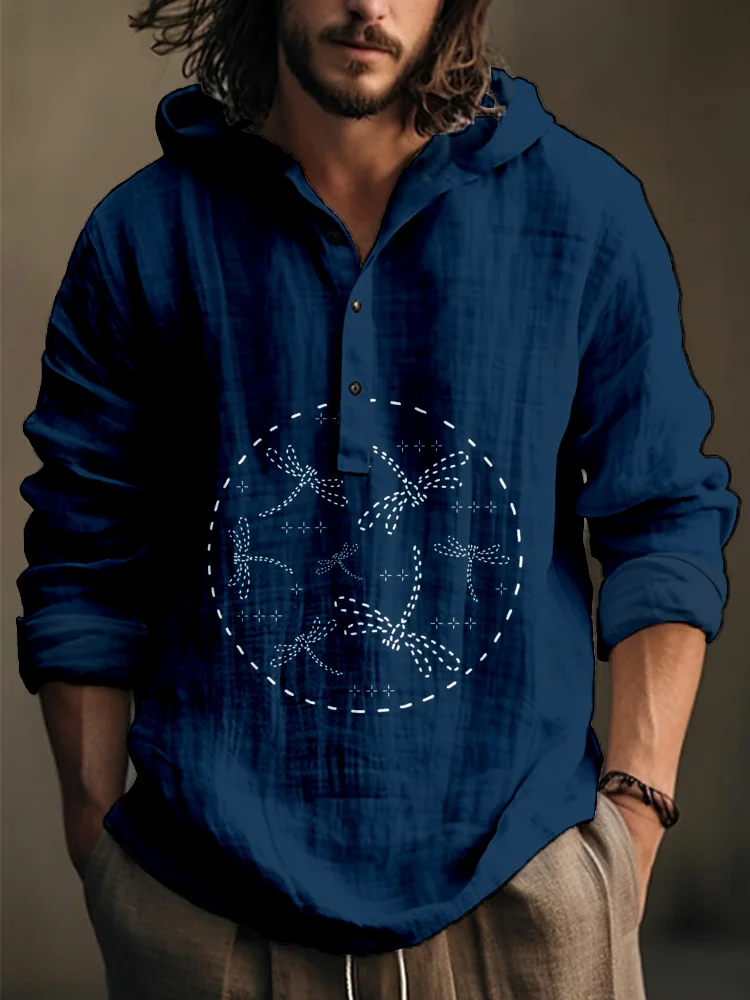 Sashiko Dragonflies Art Linen Blend Hooded Shirt