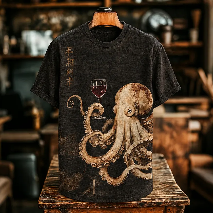 Men's Retro Octopus Japanese Art Print Crew Neck Casual T-shirt