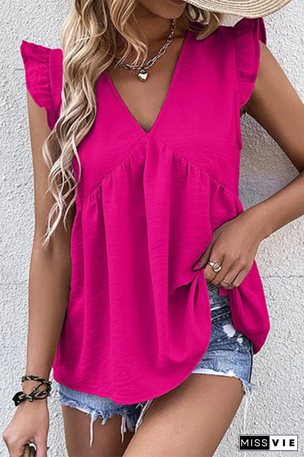 Rose V Neck Flutter Sleeveless Top