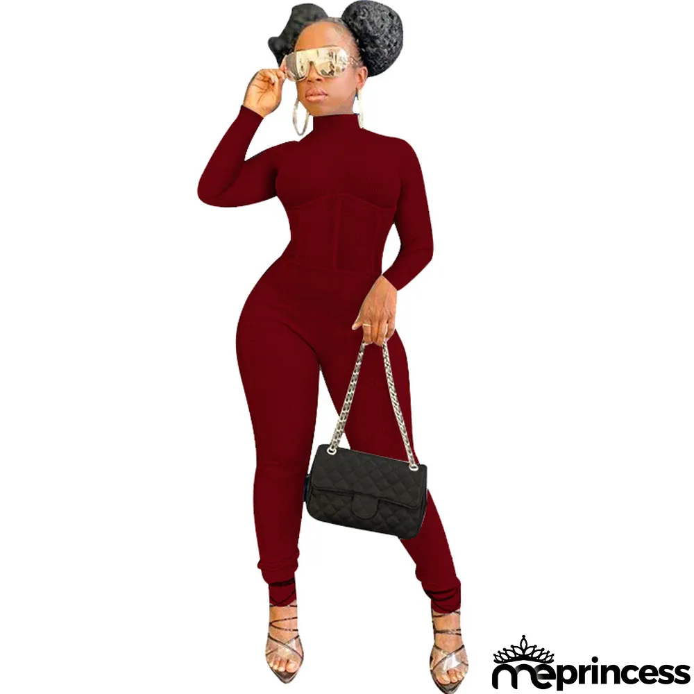 Hot Sale High Neck Nude Back Sexy Solid Color Small Pit Strip Jumpsuit