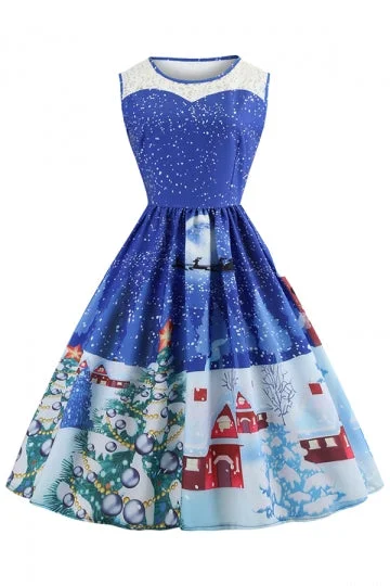 Crew Neck Sleeveless Snow&Tree Print Christmas Skater Dress Blue-elleschic