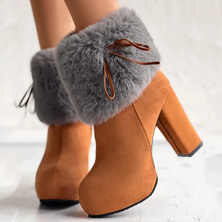 Brown Platform Ankle Boots Women's Chunky Heel Round Toe Furry Shoes |FSJ Shoes