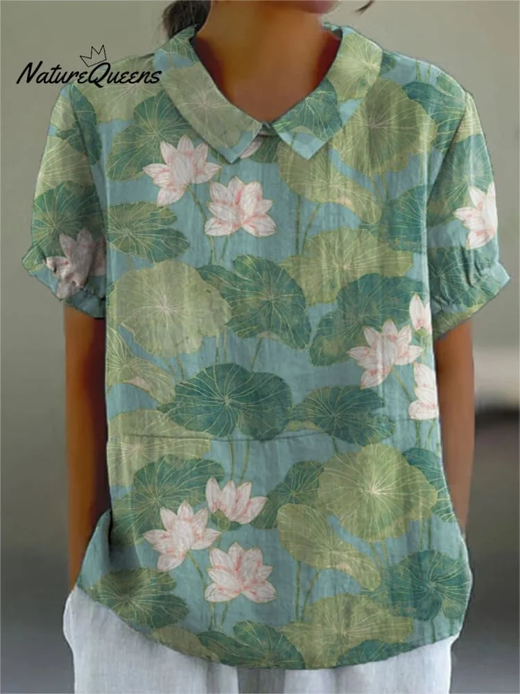 Women's Vintage Lovely Lily Art Print Casual Cotton And Linen Shirt