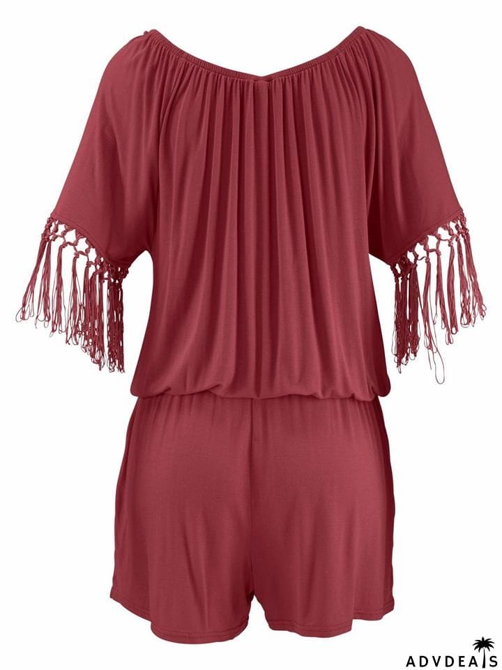 Stylish Off Shoulder Tassel Half Sleeve Pocket Rompers