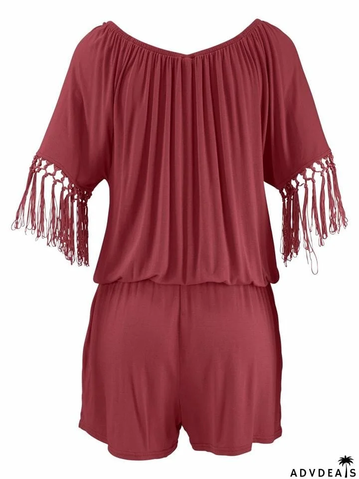 Stylish Off Shoulder Tassel Half Sleeve Pocket Rompers