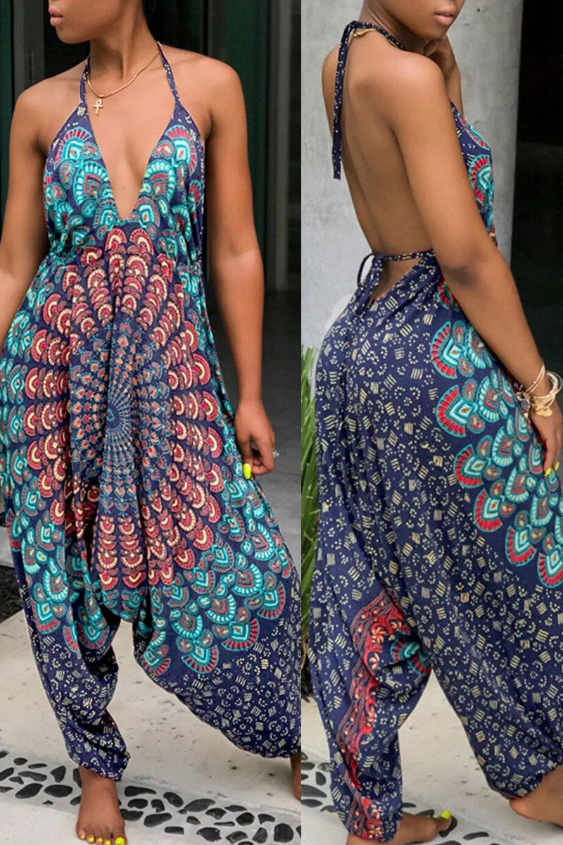 Sexy Print Split Joint Backless Halter Loose Jumpsuits