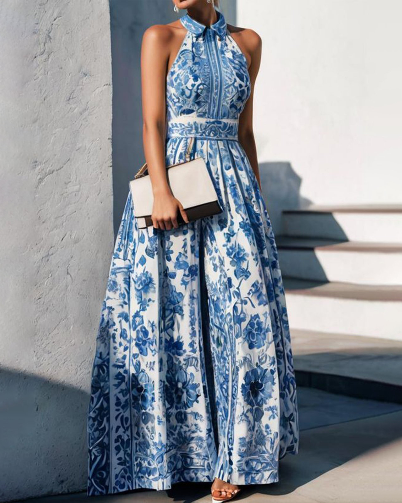 Floral Pattern Halterneck Sleeveless Pleated Maxi Dress