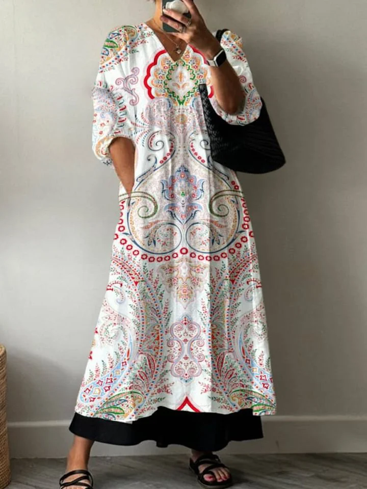 Women's Fresh National Pattern Art Print Pocket V-neck Cotton Dress