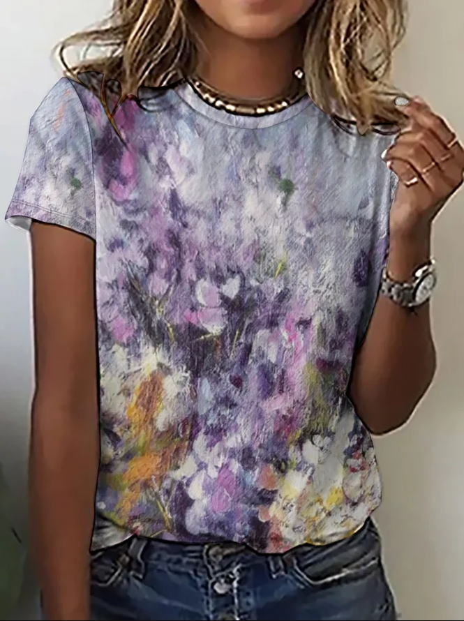 Casual Round Neck Purple Floral Printed Women's T-shirt