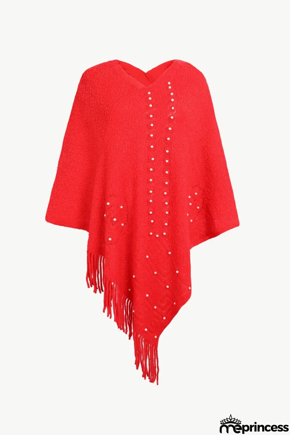 Pearl Trim Fringe Hem Poncho