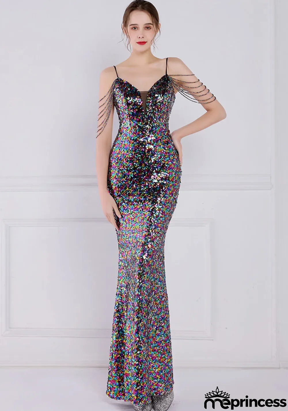 Women Summer Black Romantic Strap Sleeveless Sequined Mermaid Evening Dress