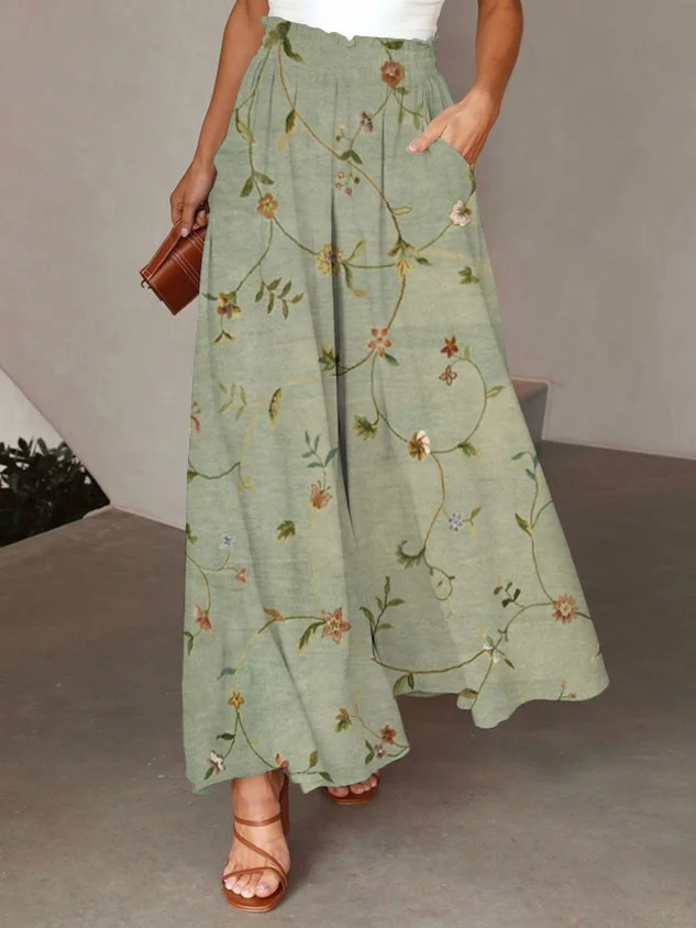 Women's Retro Plant Floral Print Elastic Waist Pocket Pants