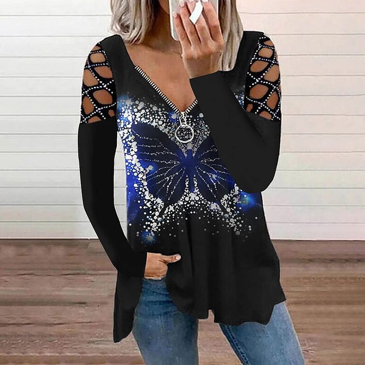 Hollow Out Drilling Butterfly Printed Long Sleeve T-shirt