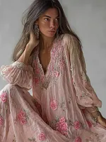 Boho Pink Roses Floral Glitter Embroidered Linen Maxi Dress