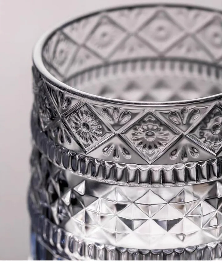 Extreme close-up of the diamond cutting patterns and detailing on the glass