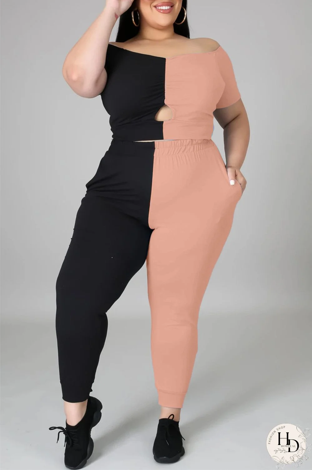 Pink Fashion Casual Patchwork Hollowed Out Off the Shoulder Plus Size Two Pieces