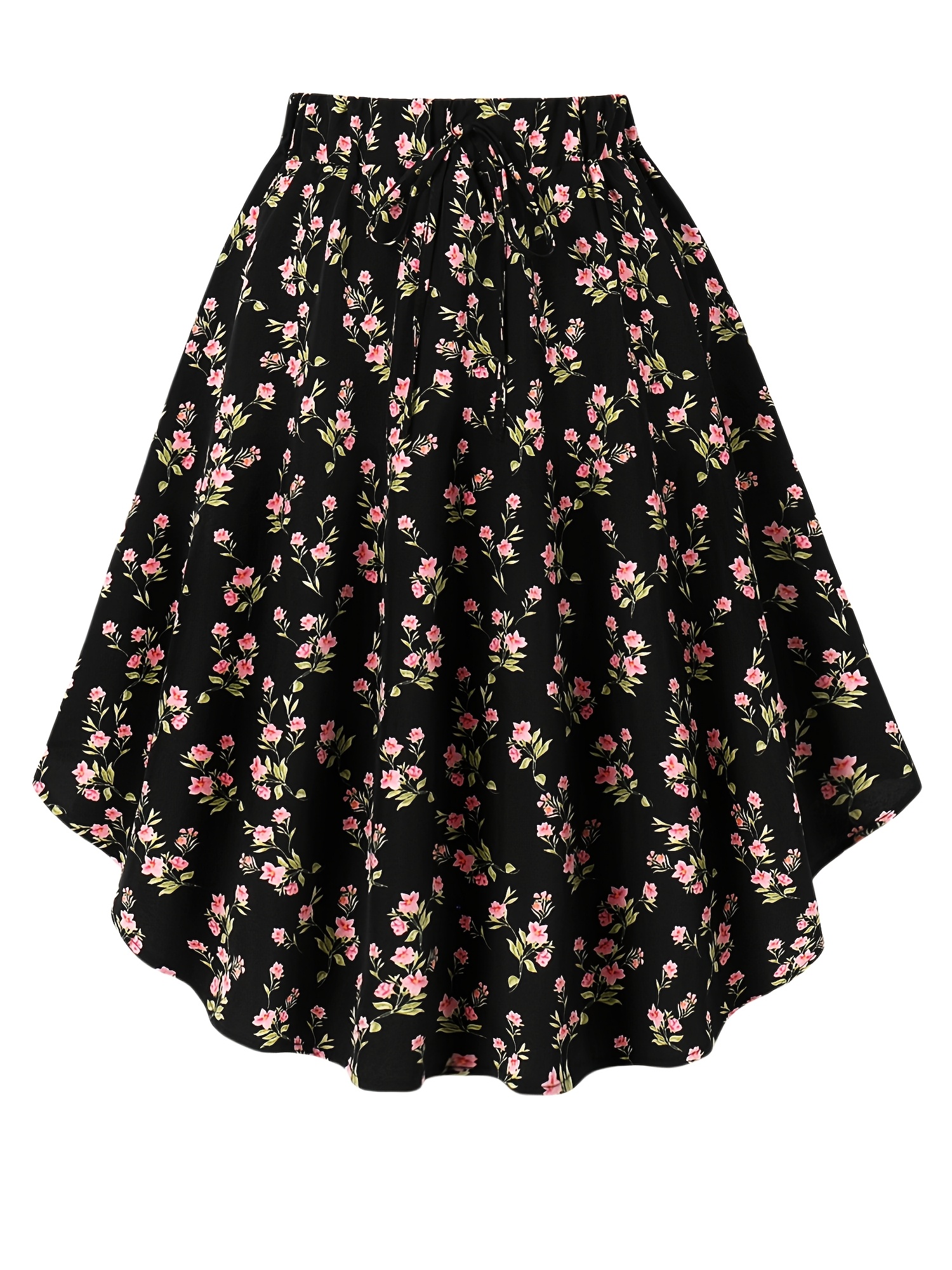 1pc Elegant Floral Print Pleated Skirt For Women, Polyester Twill Fabric, Spring/Summer/Autumn, Casual Versatile A-Line Skirt With Tie Detail | IFYHOME